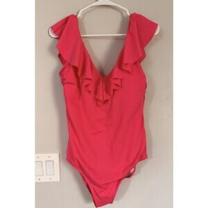 Bal Harbour Swim Pink V-Neck Ruffle One Piece Swimsuit Size 16 NWOT